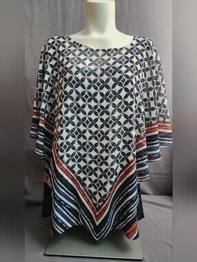 ONE WORLD Navy, White & Rust Geometric Poncho Tunic